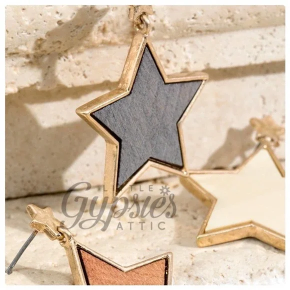 Wooden Stars in Gold Earrings - Picture 3 of 7